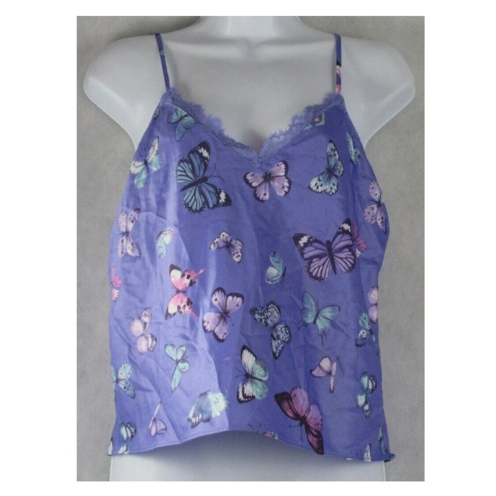 INC Women's Sleeveless Lace-Trim Satin Pajama Top, Purple Butterfly, Small